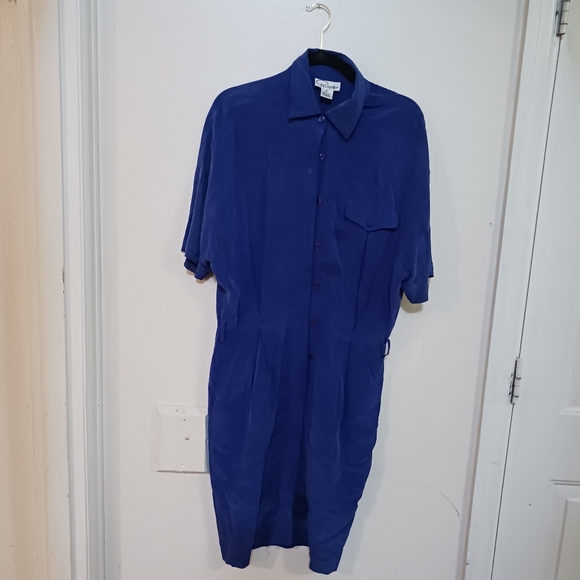 100% Silk Dress Blue Button Down Size 6 Pockets Midi - Picture 1 of 11